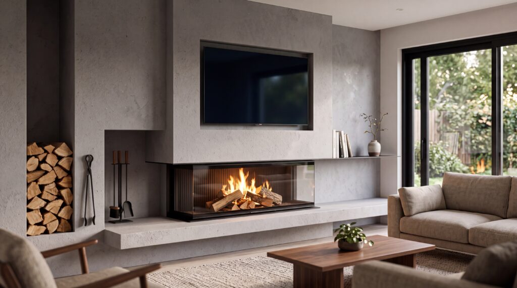 Kamin Wandgestaltung mit COLORIAMO Marmorputz 0,5 mit Glimmer CMR10