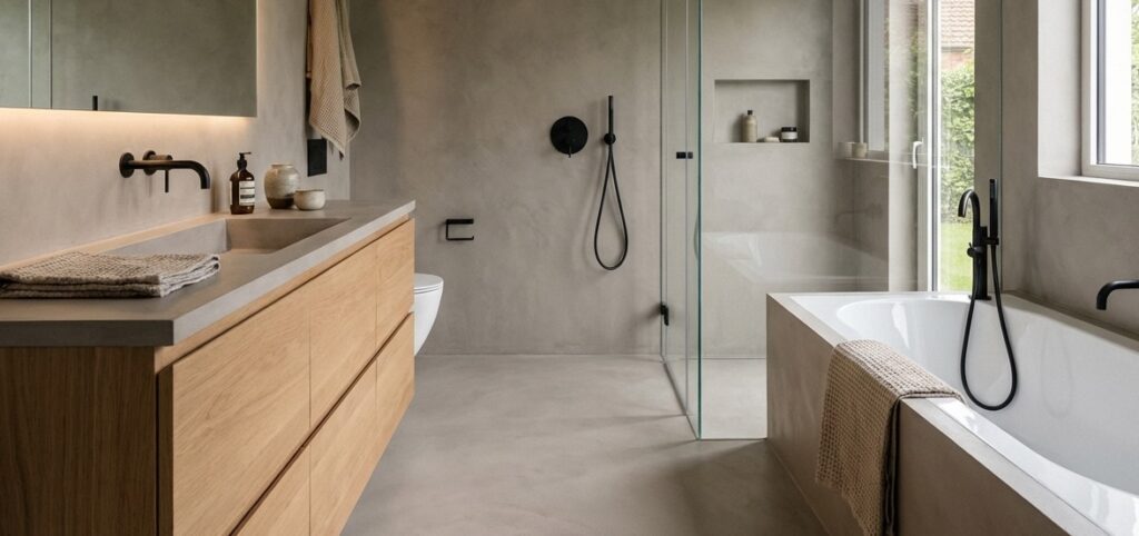 Sichtbetonboden im Badezimmer gespachtelt mit Coloriamo