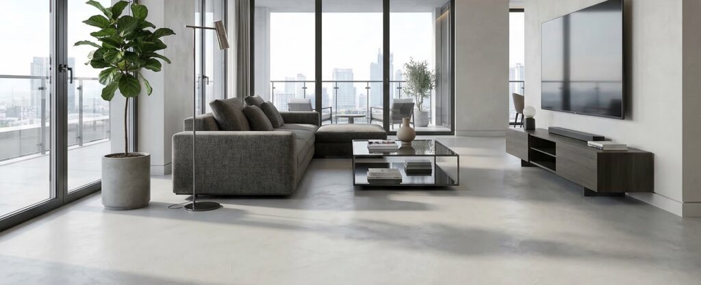 Spachtelboden Betonoptik im Wohnzimmer COLORIAMO Fugenlosspachtel Rustico CR6
