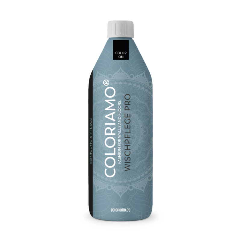 Die Flasche Coloriamo WischpflegePRO steht auf einem neutralen Hintergrund und ist ideal für die Pflege von Spachtelböden.