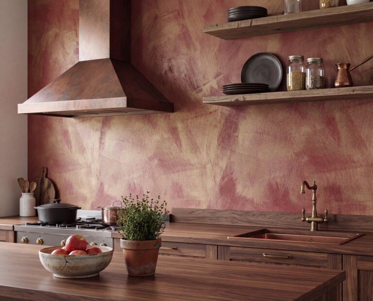Küche mit Metallic-Wand: COLORIAMO Riflesso Effektlasur Gold, einmal aufgetragen, auf Marmor Streichputz Granatapfel (CMS14)