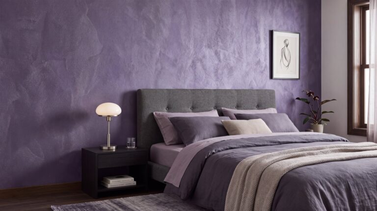 Schlafzimmer mit Metallic-Wand: COLORIAMO Riflesso Effektlasur Platinum, einmal aufgetragen, auf Marmor Streichputz Jeansblau (CMS21)