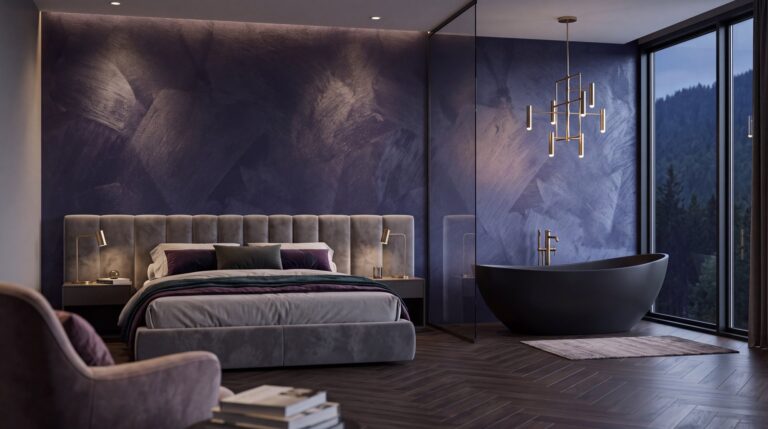 Schlafzimmer mit Metallic-Wand: COLORIAMO Riflesso Effektlasur Stahl, einmal aufgetragen, auf Marmor Streichputz Denim (CMS22)