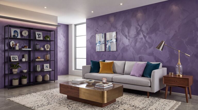 Wohnzimmer mit Metallic-Wand: COLORIAMO Riflesso Effektlasur Stahl, einmal aufgetragen, auf Marmor Streichputz Jeansblau (CMS21)