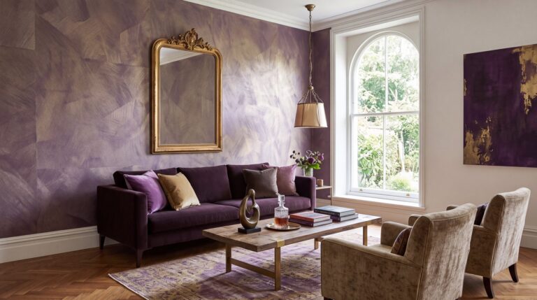 Wohnzimmer mit Metallic-Wand: COLORIAMO Riflesso Effektlasur Weißgold, einmal aufgetragen, auf Marmor Streichputz Jeansblau (CMS21)